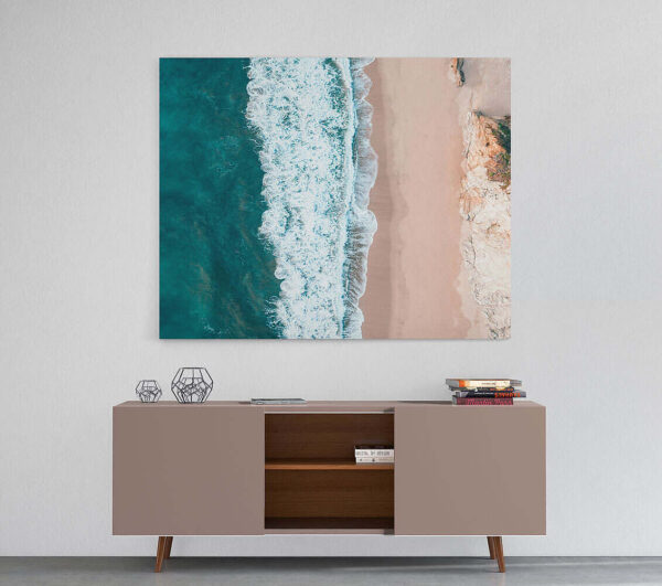 Pink Sand Turquise Sea Aerial Shot Canvas Furniture Mockup For Web